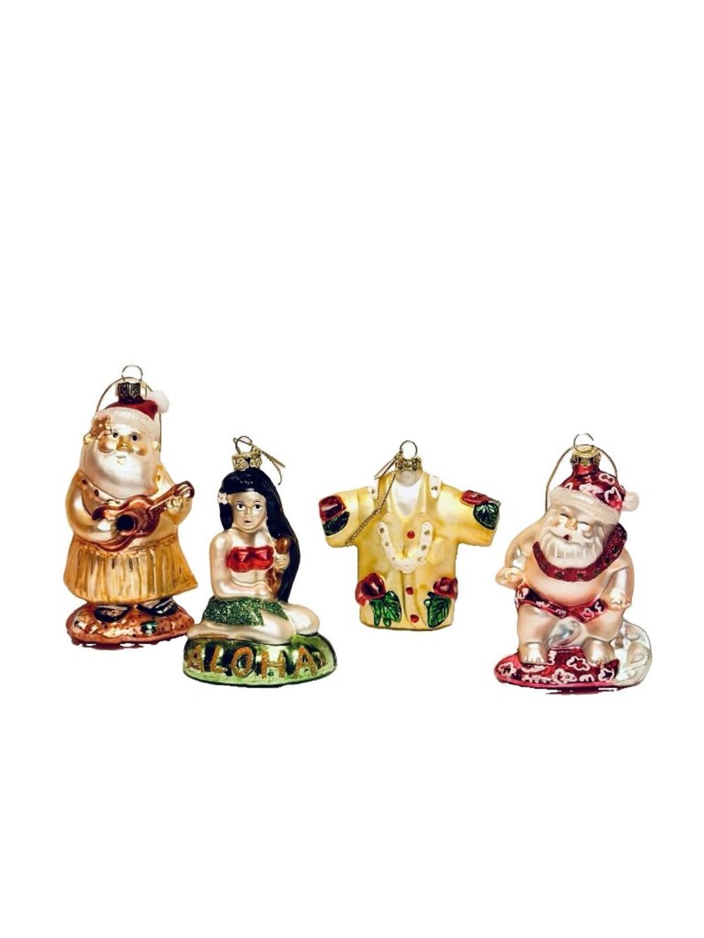 Island Heritage Hawaii 4 Glass Ornaments Surfing Ukulele Santa Hula Girl Aloha